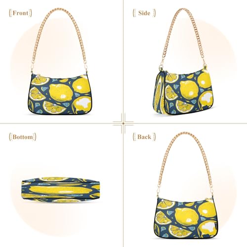 Image of Shoulder Bags for Women Vintage Yellow Lemon Fruit and Blue Print Hobo Tote Handbag Small Clutch Purse with Zipper Closure