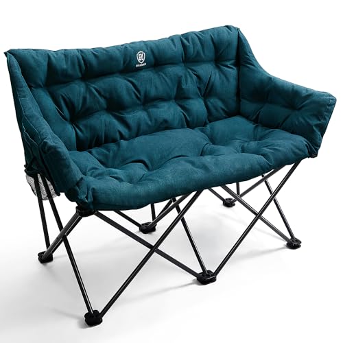 EVER ADVANCED Double Camping Chair for Adults, Padded Folding Camping Love Seat with Side Pocket Portable Camping Couch, Two Person Heavy Duty Folding Outdoor Chair with Cushion,Support 600lbs,Green