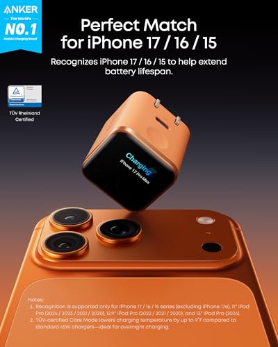 Anker Nano USB C Wall Charger, 45W Fast Charging Smart Display Charger, with 180° Foldable Plug, Smart Recognition, Built-in Care Mode, for iPhone17/16/15(Non-Battery,One USB-C Port,No Cable Included)