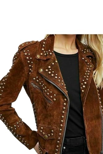 Women's Genuine Suede Leather Western Fashion Studded Jacket Brown Vintage Retro Style Jacket2