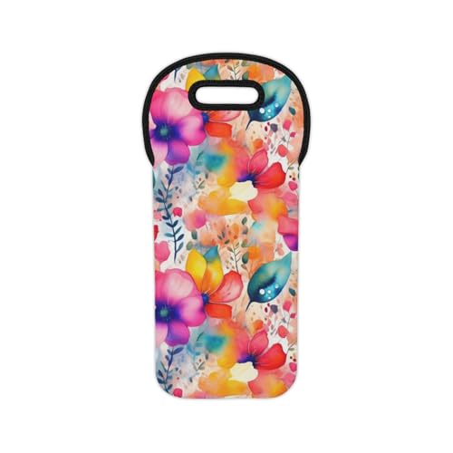 Wine Tote Bag Vibrant Floral Watercolor Pattern with Bold Colors and Artistic Design