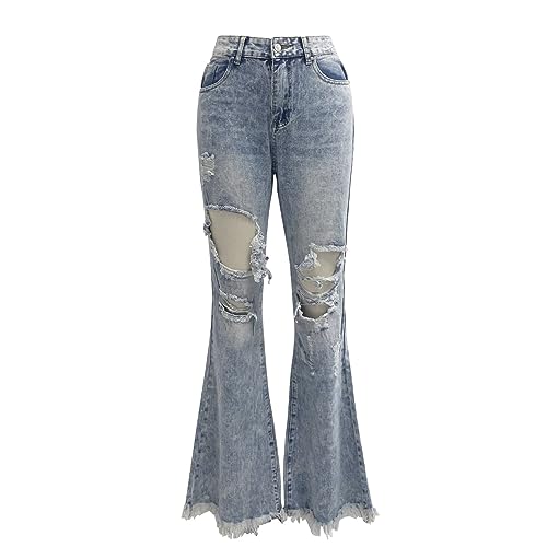 Bell Bottom Jeans for Women Ripped Low Waisted Distressed Wide Leg Denim Pants Baggy Frayed Hem Loose Fit Flare Jeans4