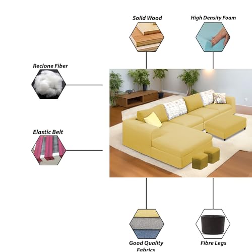 Image of Koza LHS 8 Seater L Shape Sofa Set with Center Table for Living Room (Yellow Fabric) Premium Fabric Sofa