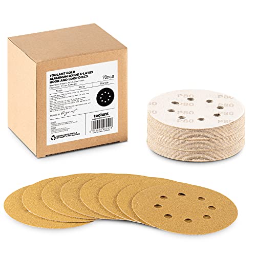 70 pcs 5 Inch 80 Grit Sanding Disc, 8 Hole Hook and Loop Aluminum Oxide Sanding Discs for Disc Sanders & Orbital Sanders by toolant