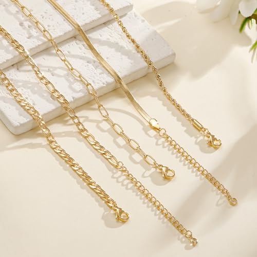 Image of Ritach Ankle Bracelets for Women - Silver /Gold Plated Stainless Steel Anklets for Women Waterproof Layered Cuban Link Figaro Chain Heart Anklets Set Summer Beach Jewelry Gifts