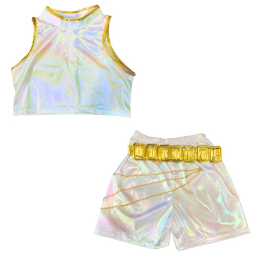 Image of Wanna Party Korean Pop Inspired Demon Hunterz Rumi Iridescent Costume Set for Girls (Size L, Age 6-8 Years) | Holographic Top, Shorts, Belt & Chain Party Outfit