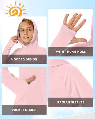 Image of Boys Rash Guard Long Sleeve Hoodie Swim Shirt with Pocket Youth Kids UPF 50+ Sun Protection Fishing Shirts Thumb Hole