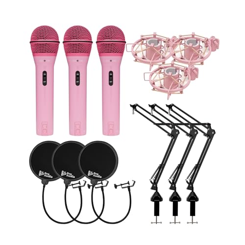 SAMSON Q2U Dynamic USB Microphone (Pink, 3-Pack) Bundle with 3 x Shockmounts, 3 x Boom Arms and 3 x Pop Filters (12 Items)