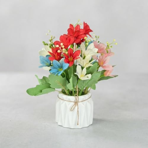 Image of Dekorly Artificial Lavender Plant in White Pot, 18cm - Realistic Faux Flower Arrangement for Home & Office Decor (Set of 1) (1, Mini Lily)