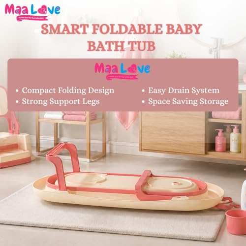 Image of Premium Foldable Baby Bathtub with Soft Cushion for Newborn, Infant & Toddler, Non-Slip Base, Easy Drain Plug, Portable Space Saving Bath Tub (Pink)