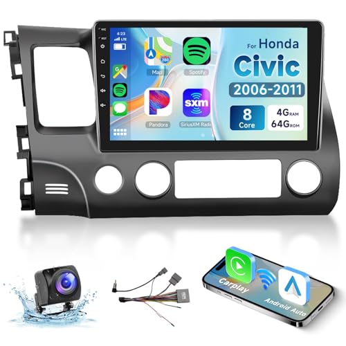 Image of podofo 8 Core 4G+64G Car Radio for Honda Civic 2006 2007 2008 2009 2010 2011, Wireless Carplay Android Auto Car Stereo, 10.1 inch IPS Touchscreen with WiFi, GPS, Bluetooth,FM /RDS, 32EQ DSP, Rear Camera