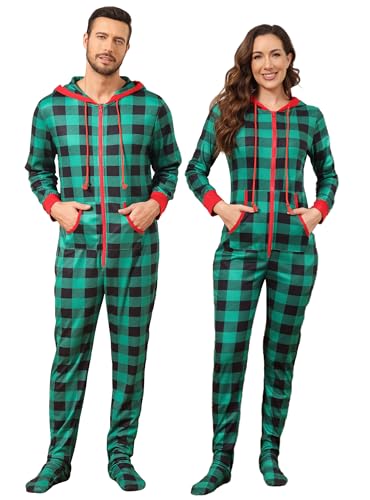 Image of Veseacky Family Christmas Pajamas Matching Sets Adult Onesie Zipper Hooded Footed One-Piece Pjs Jumpsuits
