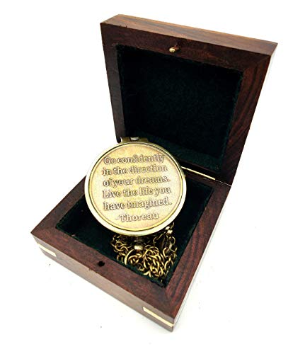 Brújula vintage de latón con estuche de madera y frase grabada miniatura 3