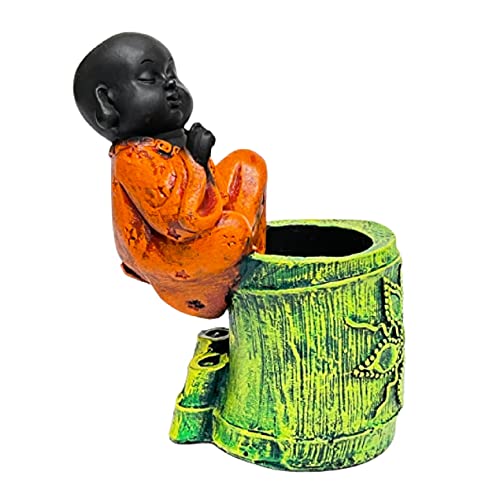 Image of AUGEN Pen Stand Decorative Hand Painted Orange Buddha Design Stationery Holder | Gift Item | Table Top Decor (2047)