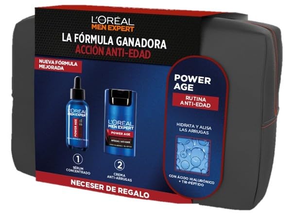 L'Oréal Paris Men Expert Power Age Pack Antiedad Hombre con Neceser, Set de Cuidado Facial con Ácido Hialurónico, Incluye Serum y Crema Reafirmante para Reducir Arrugas y Líneas de Expresión