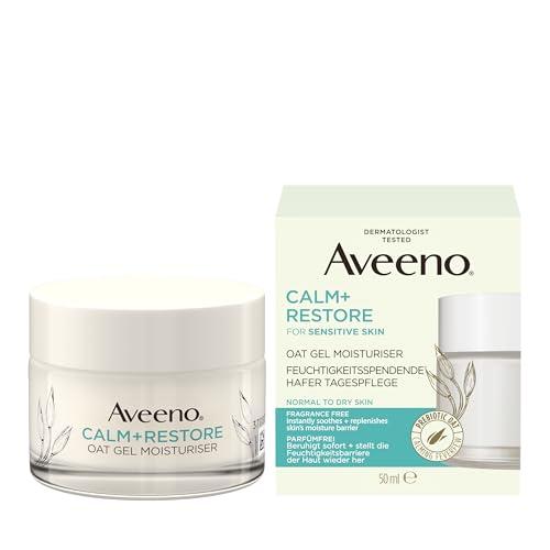 Aveeno CALM+RESTORE Tagespflege mit präbiotischem Hafer und Mutterkraut beruhigt empfindliche Haut spendet 24h Feuchtigkeit und stärkt die Hautbarriere mit leichter Textur parfümfrei