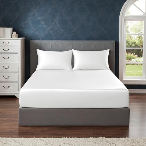 Image of Soft and Silk Satin Fitted Bedsheet for Single Size 36X75 +12 in - Elastic Fitted Sheet 400 TC Hotel Collection for Bedroom | Fitted Sheet with Pillow Cover White, Single Bed