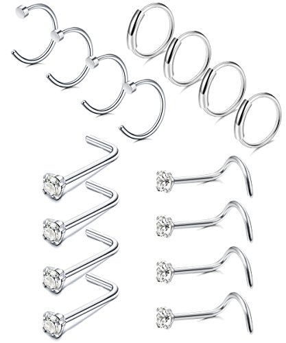 FIBO STEEL 16 Pcs 20G Nose Ring Hoop Stainless Steel Nose Ring Studs Body Piercing Jewelry WG â€¦