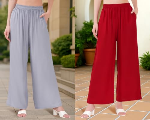 Image of Buy That Trendz Palazzo Pants for Women Rayon Elasticated Regular Fit Flared Wide Leg M to 6XL Pack of 2