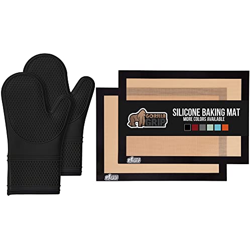 Comparison: Best Gorilla Grip Oven Mitts 9 Gorilla Grip Silicone Oven Mitts Set of 2 and Silicone Baking Mats Set of 2, Silicone Oven Mitts are 14.5 Inch, Quarter Sheet Silicone Baking Mats, Both in Black Color, 2 Item Bundle