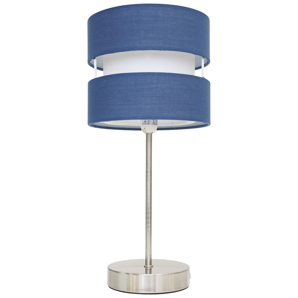 Britalia Satin Nickel & Navy Blue Cotton Fabric 2 Tier Drum Shade Modern Table Desk Lamp | 38cm Height | 1 x SES E14 Lamp Bulb Required | UK Approved | Inline On Off Switch | Retro Influence