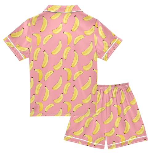 Banana Pink Pattern Summer Pajamas Set Silk PJS Set Satin Sleepwear Short Sleeve Button Down Nightwear 5-14Y2
