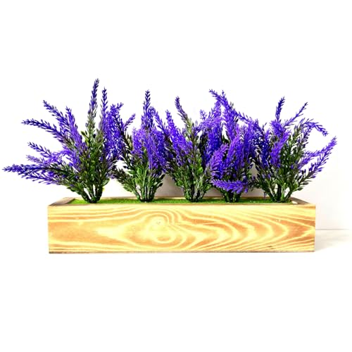 Image of Dekorly Artificial Lavender Plant in White Pot, 18cm - Realistic Faux Flower Arrangement for Home & Office Decor (Set of 1) (1, Wooden Pot)