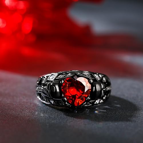 Image of Jeulia 2.55ct Skull Engagement Ring Sets Sterling Silver Heart Cut Red Diamond Ruby Rings Cubic Zirconia Wedding Promise Anniversary Romantic Jewelry for Women Grils Bridal with Gift Box
