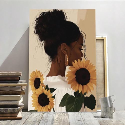 Cadre avec toile fille tournesol 60x80 cm déco murale