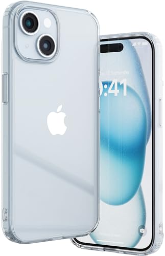 Image of Vaku Luxos Glassy Clear Back Cover Case for iPhone 15 Plus Shockproof Slim Thin Non-Yellowing Scratch Resistant Military-Grade Protection - Transparent