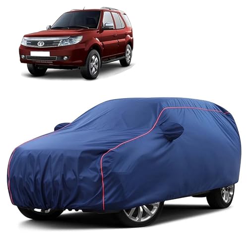 Image of Sulfar 100% Water Resistant Car Body Cover Compatible with Mirror for Tata Safari Storme (Triple Stitched, Full Bottom Elastic, Blue Taffeta with Red Piping)
