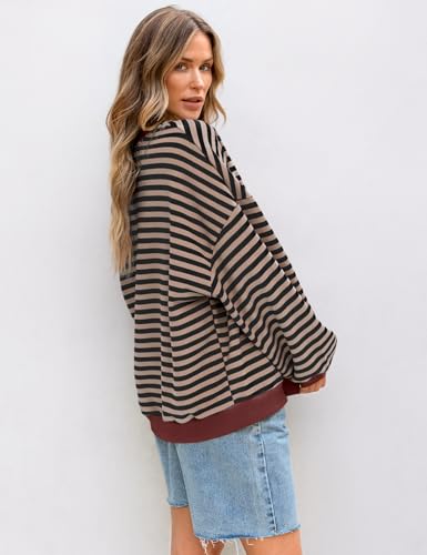 Image of UEU Women Oversized Striped Crewneck Sweatshirt Long Sleeve Color Block Pullover Tops Casual Loose Workout Shirt
