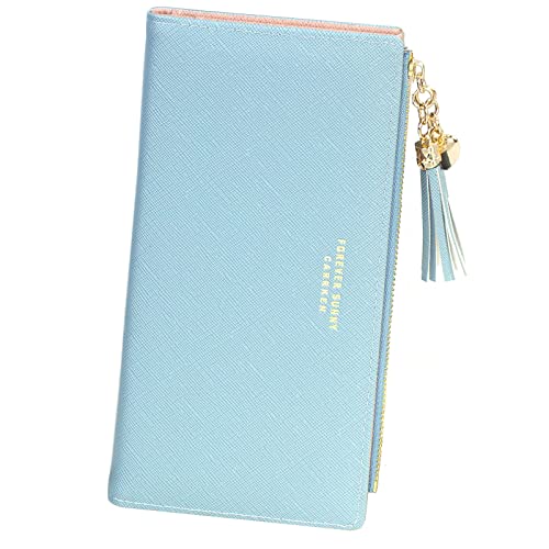 Image of SUMGOGO Wallets for Women Slim Clutch Purse Handbag Card Holder Womens Long Tassel Zipper Pocket Fashion Taiga Leather Billfold Wallet (Blue)