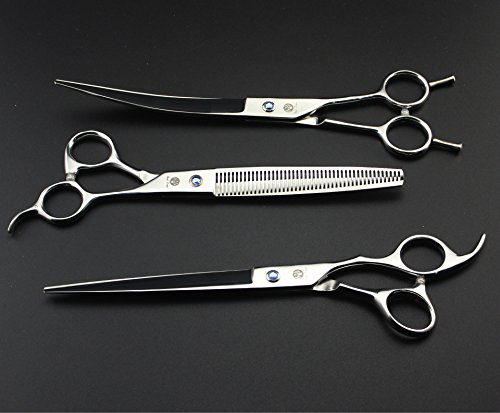 Image of Purple Dragon 8 inch 3 in 1 Professional Pet Grooming Thinning(Silver) | 2 PCS Curved Shear Includes Bag, Stainless Steel, Hair Thinning Scissor /Shear Set, Perfect for Hair Stylist or Home Use