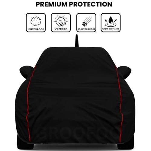Image of GROOFOO Water Resistant Car Body Cover Compatible with Toyota Glanza | Triple Stitched Bottom Elastic Dustproof UV Heat Scratch Resistant Full Body Vehicle Protection Cover (Black Red)