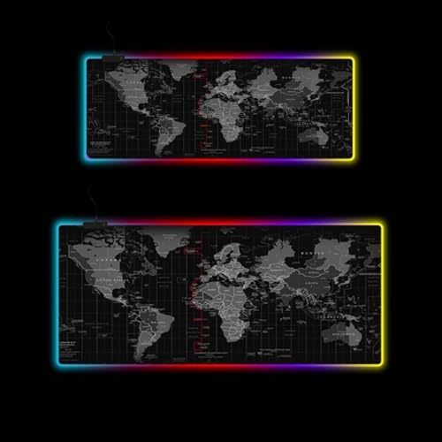 RUNCAN RGB ゲーミングマウスパッド 拡張、大型LEDマウスパッド ノンスリップラバーベース、コンピューターキーボードマット ソフトデスクパッド 防水 (世界地図,40*90cm)