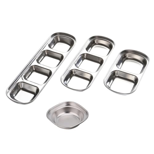 Unomor 4pcs Compartment Dip Plate Soy Sauce Dipping Bowl Compartment Appetizer Serving Tray Seasoning Sauce Plate Seasoning Plate Soy Sacue Compartment Cups Vinegar Stainless Steel Silver