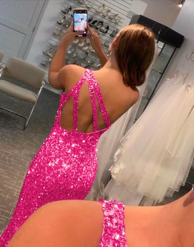 POMUYOO Women's Mermaid Glitter Prom Dresses with Slit Long One Shoulder Backless Sequin Formal Evening Gown3