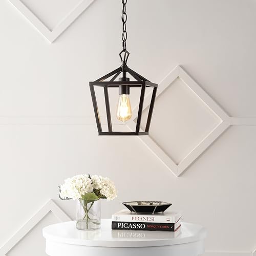 Image of JONATHAN Y Pagoda 1-Light Pendant 8 inch Cage, Oil Rubbed Bronze | Traditional Metal Farmhouse Hanging Lantern Ceiling Fixture, Adjustable Chain Link, For Kitchen Island, LED Bulb Included