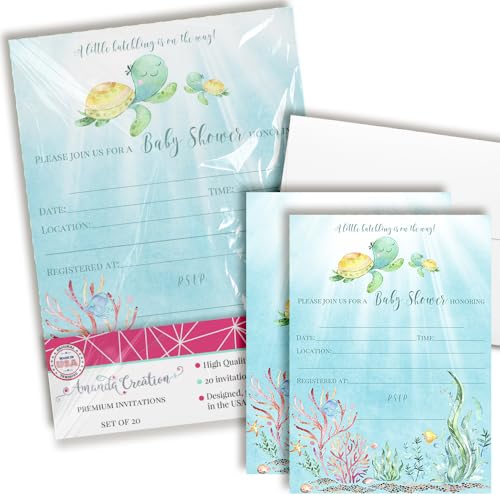 Little Hatchling Cute Sea Turtle Sea Life-Themed Baby Sprinkle Shower Invitations, 20 5x7 Fill In Cards with Twenty White Envelopes by AmandaCreation