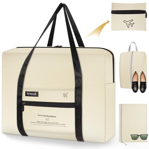 Aevcvok Borsone da Viaggio Pieghevole, Borsa da Viaggio, Grande Borsa Viaggio Leggere, Travel Bag per Palestra, Viaggi, Weekend, Campeggio (Beige)