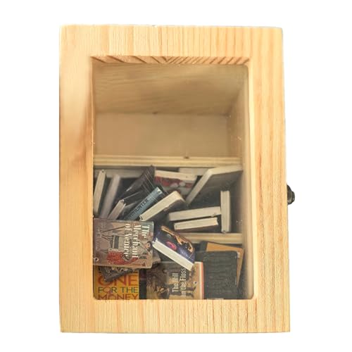 Miniature Book Library Decoration, Pocket Anxiety Bookshelf with 60 Mini Books, Handmade Antique Style Storage Display (Wood)