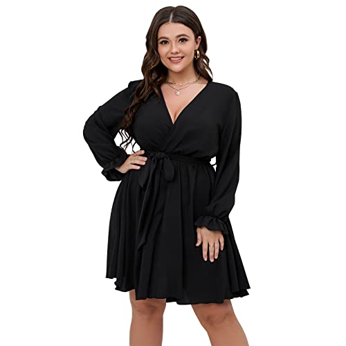 SCOMCHIC Women's Plus Size Long Sleeve Wrap V Neck Tie Waist A Line Mini Dress2