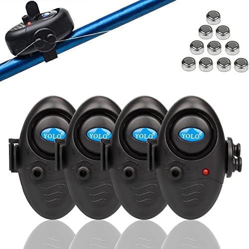 Fishing Bite Alarm 4 Pack with Bonus 10 Pack Batteries & Adjustable Sound Volume Knob, Upgraded Electronic Fish Rod Bait Alert Indicator LED Alarms Daytime/Night Carp Fishing Outdoor (FG03-B)