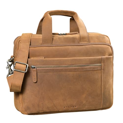 STILORD 'Alberto Bolso Bandolera de Piel Maletín Portátil 15,6'' Cuero Auténtico Hombre Trabajo Grande Portadocumentos DIN A4 con Sujeción para Trolley Color:tan marrón - oscuro