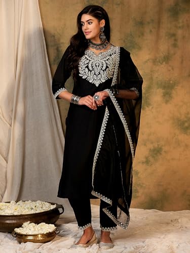 Image of INDO ERA Silk Women's Embroidered Straight Kurta Pant With Dupatta
