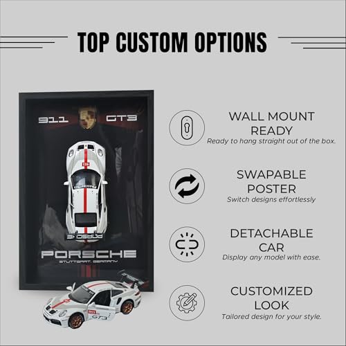 Image of CodersParadise - 3D Car Frame Wall Art | 1:32 Die-Cast Metal Model Car with Wooden Display Frame | Detachable Miniature, Interchangeable Posters, Pull-Back Action, Working Lights & Opening Doors | Premium Collectible Gift for Cars Lovers