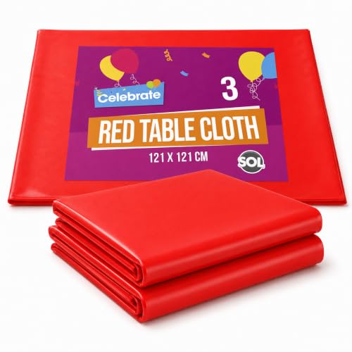 SOL 3pk Red Table Cloth - Disposable & Waterproof Plastic Table Cloth Wipe Clean - Plastic Tablecloth Cover For Parties - 3pk x 121cm