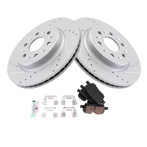 Image of TRQ Performance Rear Brake Pad and Rotor Set Ceramic Coated Drilled Slotted Rotors Compatible with 2021 Cadillac XT5