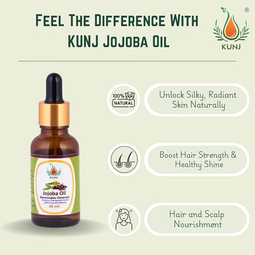 Image of KUNJ Jojoba Oil (Simmondsia chinensis) 30ML - 100% Pure & Natural, Cold Pressed, Undiluted - Therapeutic Grade Carrier Oil for Skin Care, Hair Nourishment & Hydration